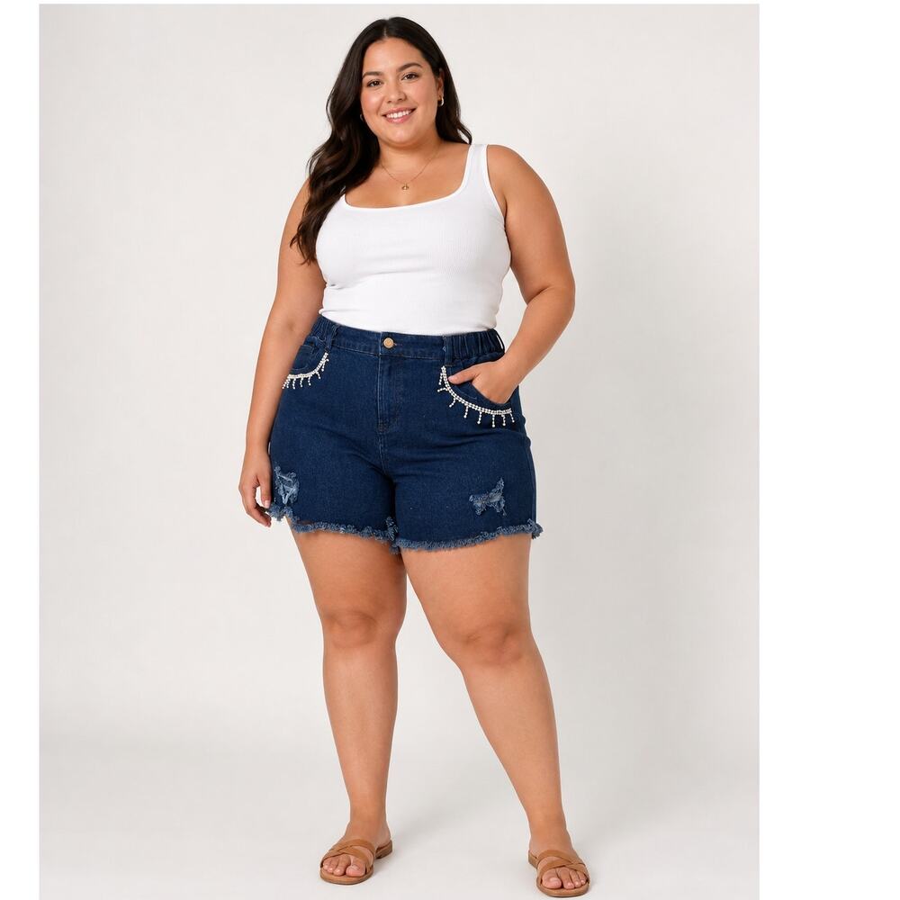 Jolie & Joy By FCT Distressed Denim Shorts NWT  Frayed Rhinestone Accent Size 2X